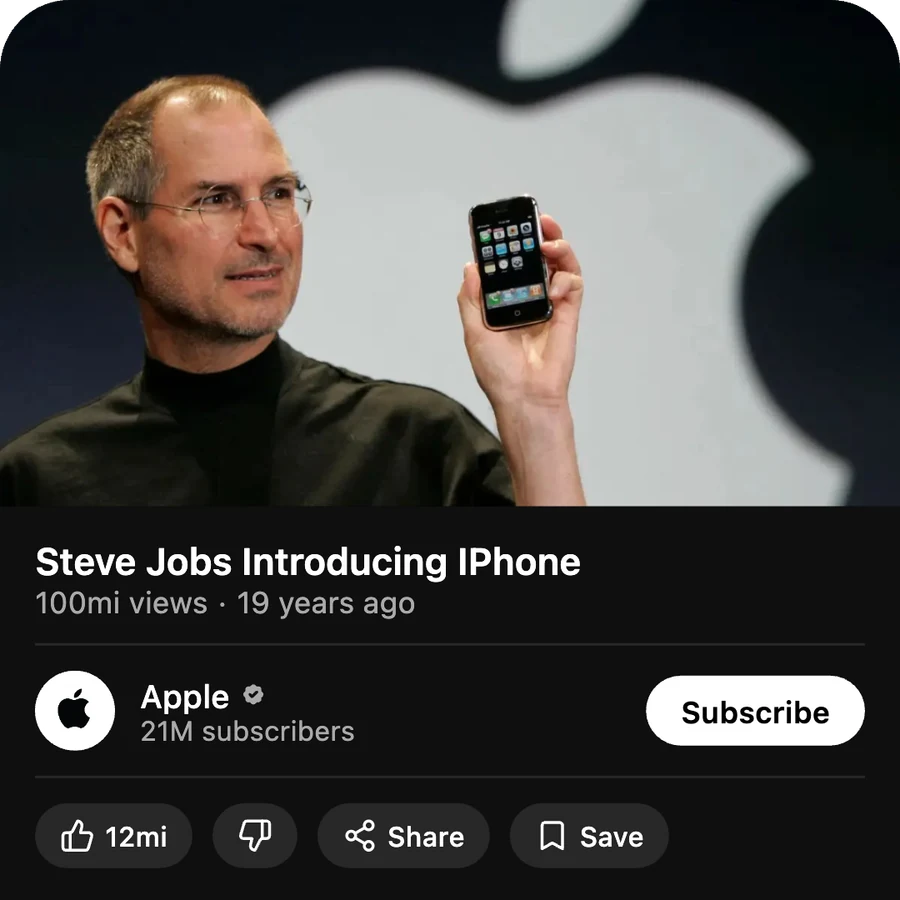 Página mobile real do YouTube aberta no vídeo de Steve Jobs, com título, canal e ações da publicação