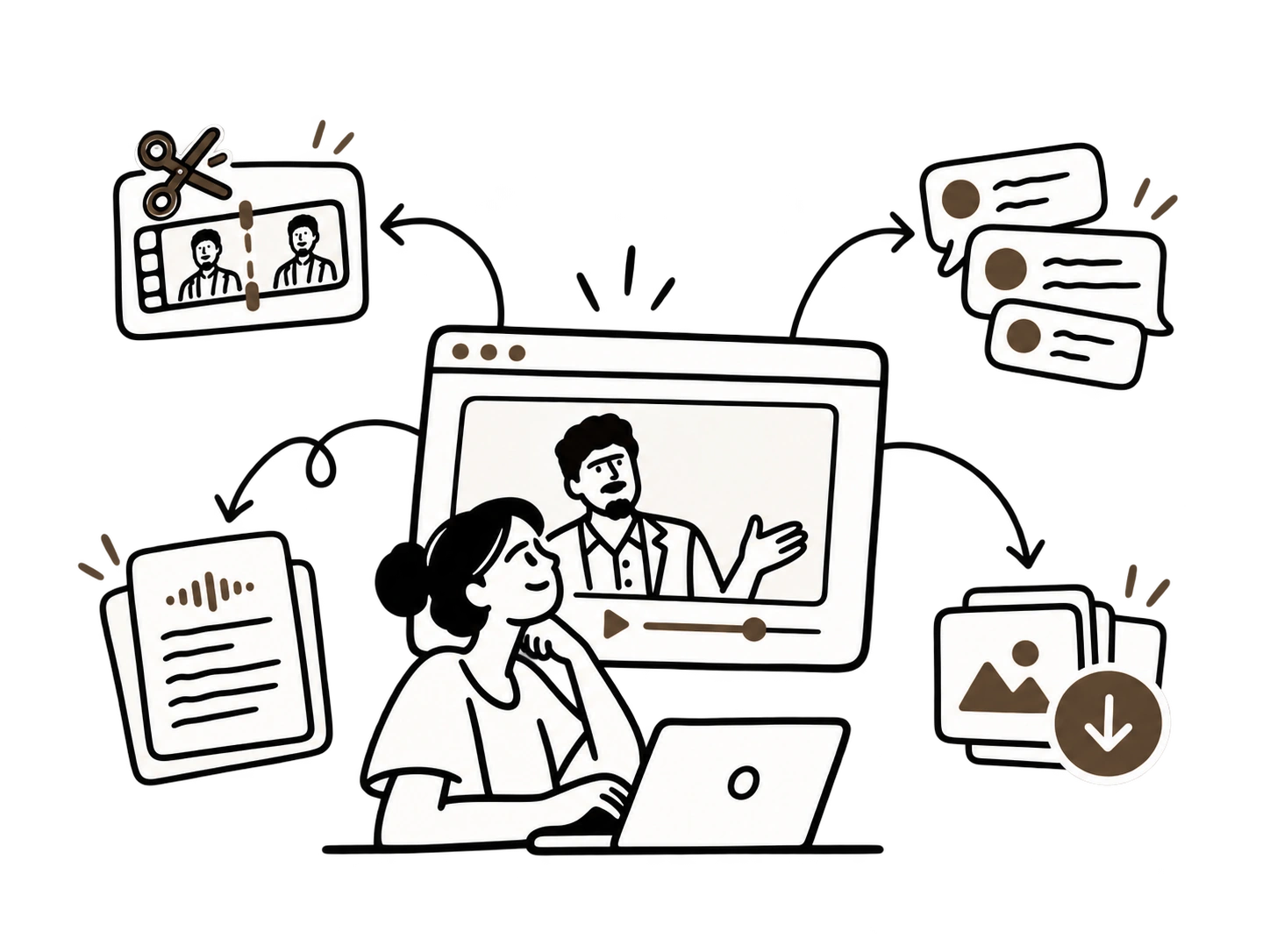 Ilustração de uma pessoa assistindo a um vídeo no navegador, ligado a corte, comentários, transcrição e download